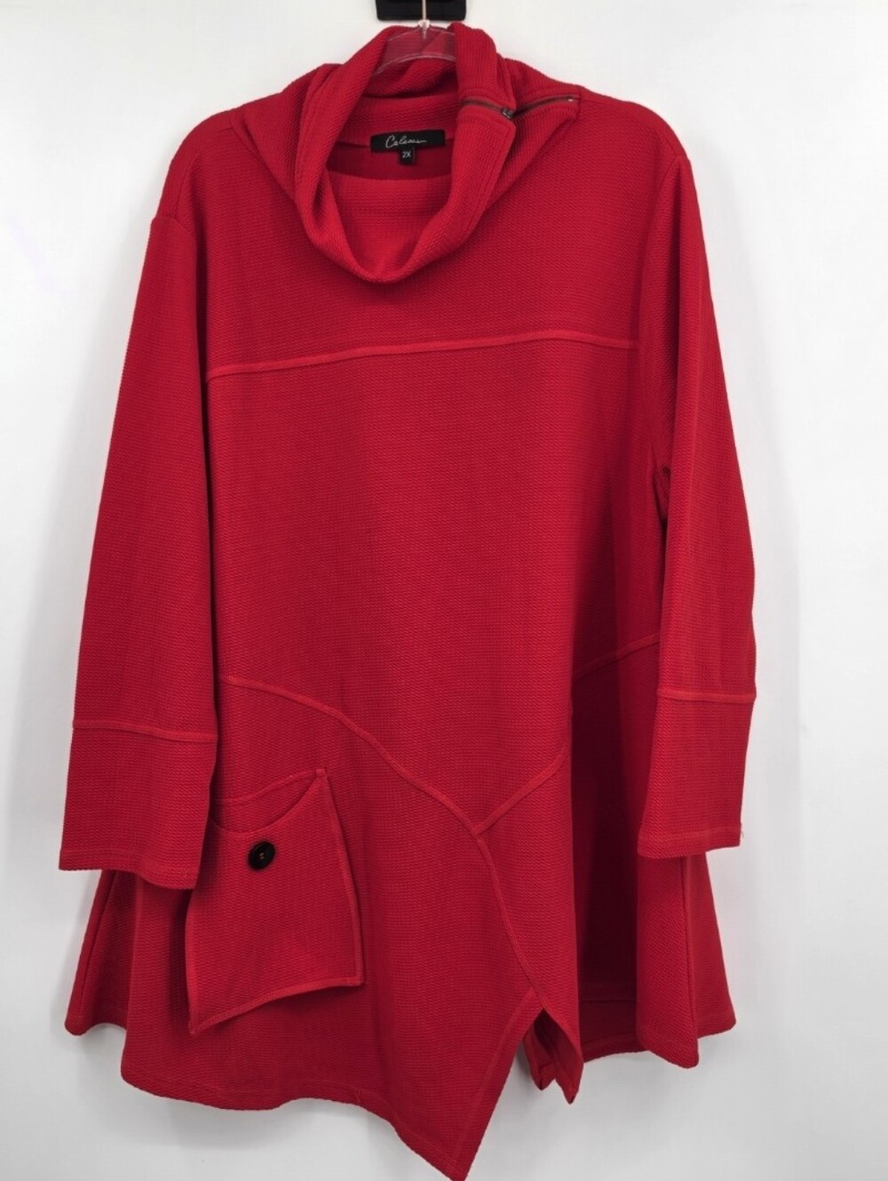 Calessa Cowl Neck Tunic Top 2X Red Long Sleeve Waffle Knit Zipper Detail